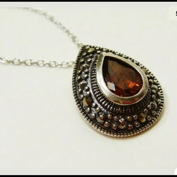 Sterling Silver Teardrop Marcasite Pendan Necklace - Picture 5 of 7